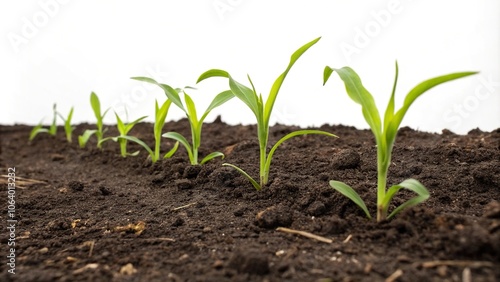 Tiny green sprouts of corn emerging from the soil, growing corn, fresh green sprouts, corn start, nature scene