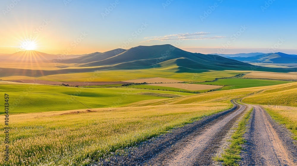 Fototapeta premium Serene Landscape at Sunrise with Rolling Hills