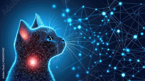 Futuristic Cat Illustration with Digital Network Background