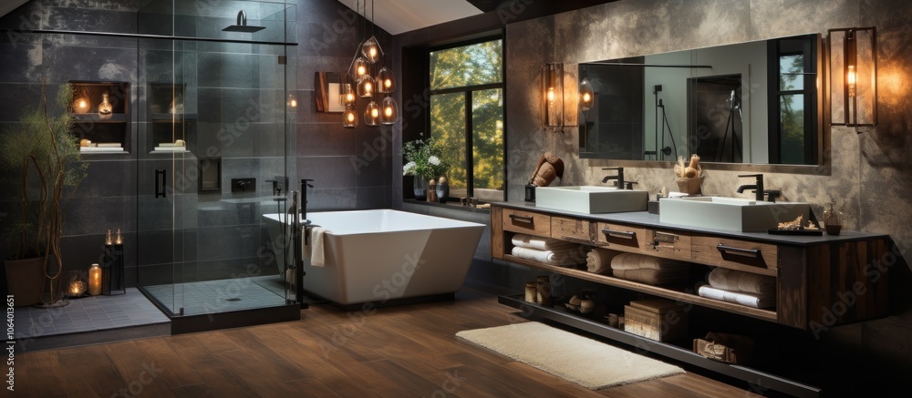 Modern bathroom featuring a freestanding tub, glass shower, and stylish decor. Modern bathroom featuring a freestanding tub, glass shower, and stylish decor.