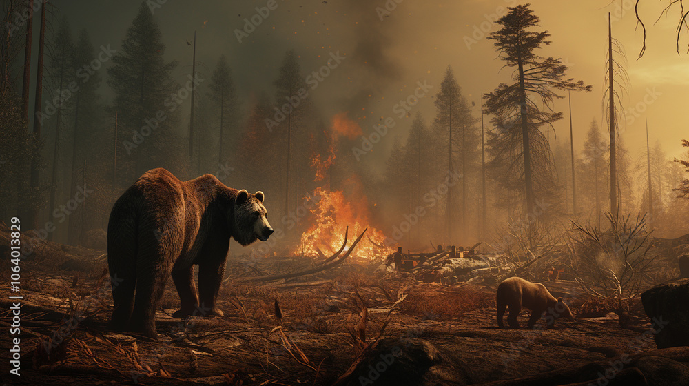 Fototapeta premium A mother bear and cub in a forest fire showing loss of habitat in climate change