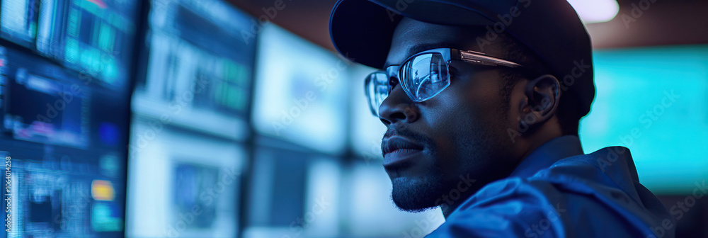 Black male engineer in control room monitoring systems Black male engineer in control room monitoring systems