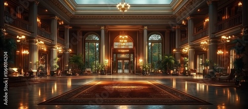 A grand, well-lit lobby with elegant decor and lush plants, inviting guests to relax.