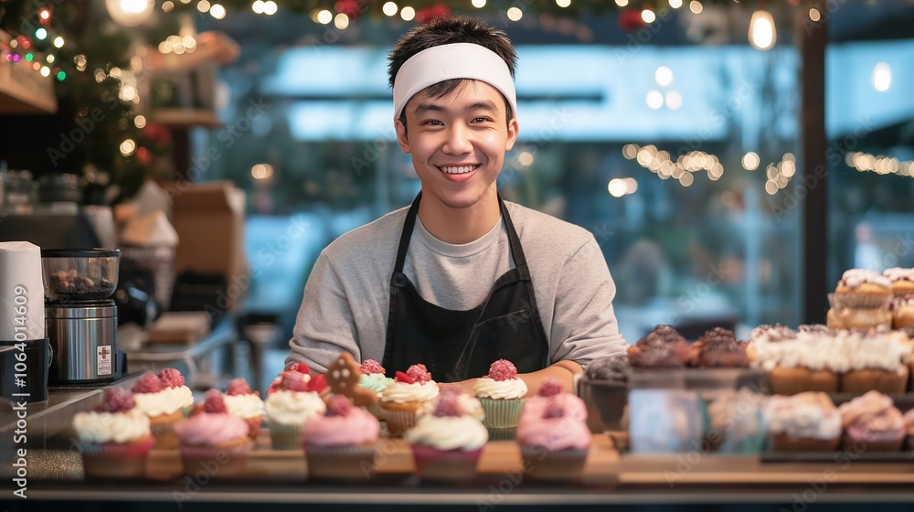 A cheerful young asian male barista stands behind a counter filled with Christmas new year desserts, arranging colorful holiday cupcakes and gingerbread cookies with a warm smile. A cafe worker man A cheerful young asian male barista stands behind a counter filled with Christmas new year desserts, arranging colorful holiday cupcakes and gingerbread cookies with a warm smile. A cafe worker man
