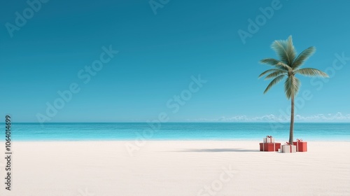 Christmas in southern hemisphere with a palm tree with christmas decorations and gift boxes on tropical beach with white sand and beautiful blue sea view.