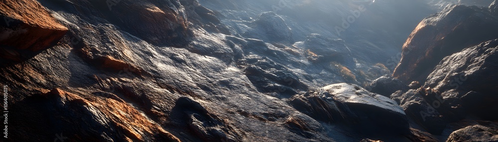 Fototapeta premium A Close-Up View of Rugged, Dark Mountain Terrain Bathed in Sunlight