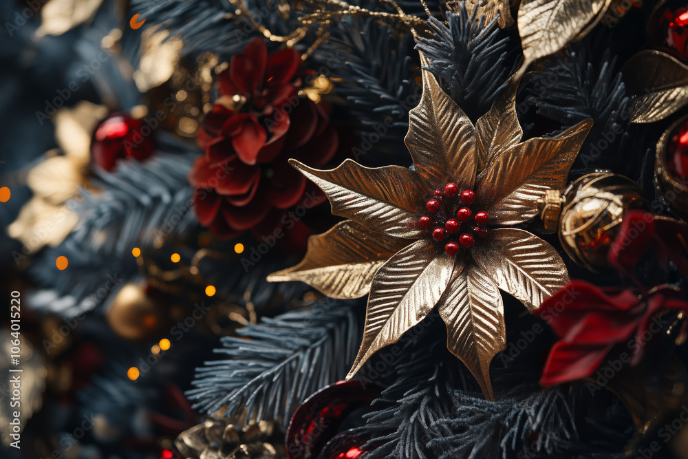 Naklejka premium Close-up of a Christmas tree decoration with a golden poinsettia