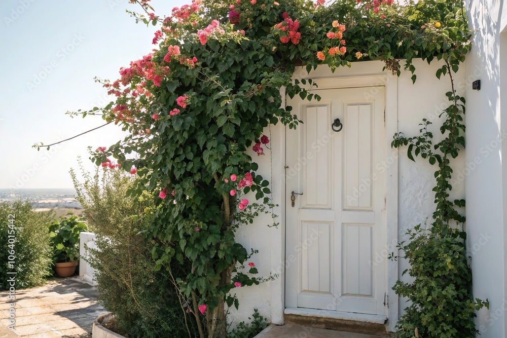 A white door with a floral climbing plant trained to grow up the frame, overflowing with leaves and flowers, white door, climbing plant, door decoration, flowering vine A white door with a floral climbing plant trained to grow up the frame, overflowing with leaves and flowers, white door, climbing plant, door decoration, flowering vine