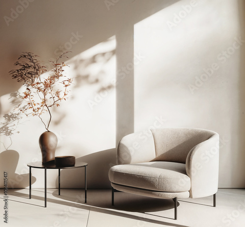 Minimalist cozy home interior design of a modern armchair, mockup frame concept