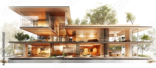 Modern architectural design featuring a spacious, glass-enclosed home with natural elements.