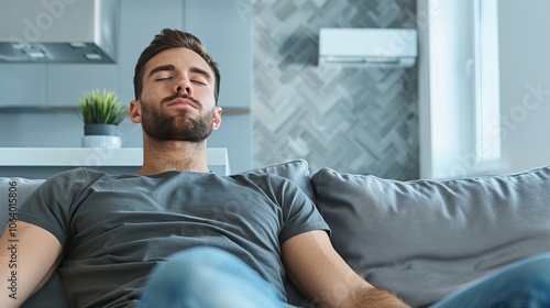 Serene Moment: Young Man Relaxing on Modern Living Room Couch with Closed Eyes