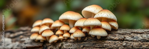 Close-up of mushroom caps growing on a log, organic matter, earthy tones, biological processes