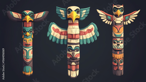 Isolated totem pole design element for creative projects and backgrounds. Indigenous Totem Poles. Illustration