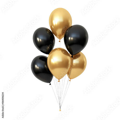 Bouquet of colorful balloons in gold, black, yellow, and multi-colored shades. Six balloons in circular formation suspended in air against isolated transparent background. Alpha mask.
