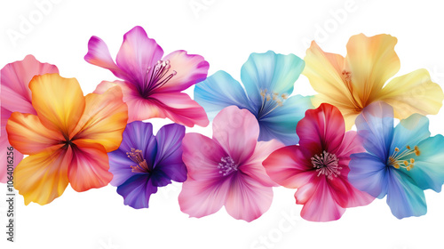 Vibrant bouquet of tropical flowers in various colors red, orange, yellow with flowers in bud form. Close-up view of individual flowers with intricate details. Diagonal arrangement creates sense of