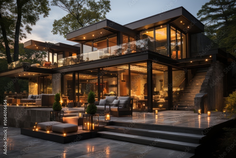 Modern house exterior with glass walls, outdoor seating, and soft lighting in a serene environment. Modern house exterior with glass walls, outdoor seating, and soft lighting in a serene environment.