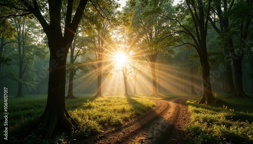 The bright sun is shining beautifully through the lush green trees that stand tall in the tranquil forest, creating a picturesque scene