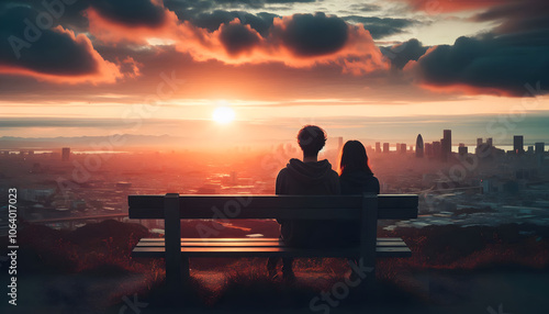 Pareja romántica sentada viendo el atardecer