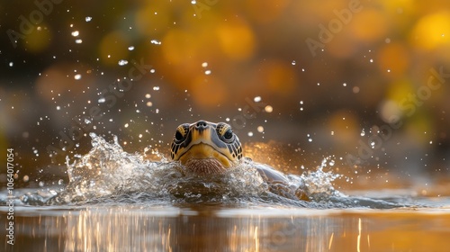 A sea turtle emerges from the water, its head and neck visible above the surface.  The water is splashing around the turtle, creating a spray of droplets. The background is a blur of golden light. photo