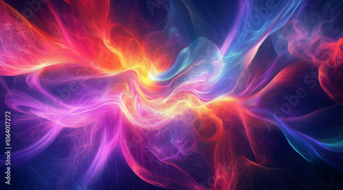 Abstract colorful light and color background with energy waves, fractal design, dark blue background, red, orange, purple, and pink colors, detailed, hyper-realistic.
