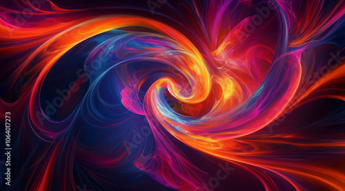 Abstract colorful light and color background with energy waves, fractal design, dark blue background, red, orange, purple, and pink colors, detailed, hyper-realistic.