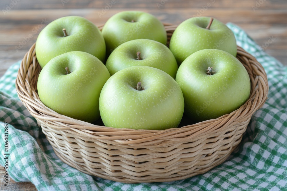 Fresh green apples in a woven basket on a checkered cloth resting on a wooden table