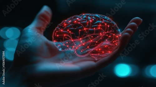Palm holding glowing brain circuits representing human-AI integration and neural networks