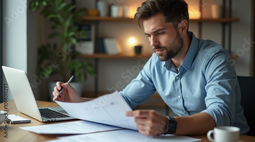 a person reviewing tax documents at a desk, focused expression, laptop and coffee cup nearby, practical office environment, dynamic scene of tax preparation