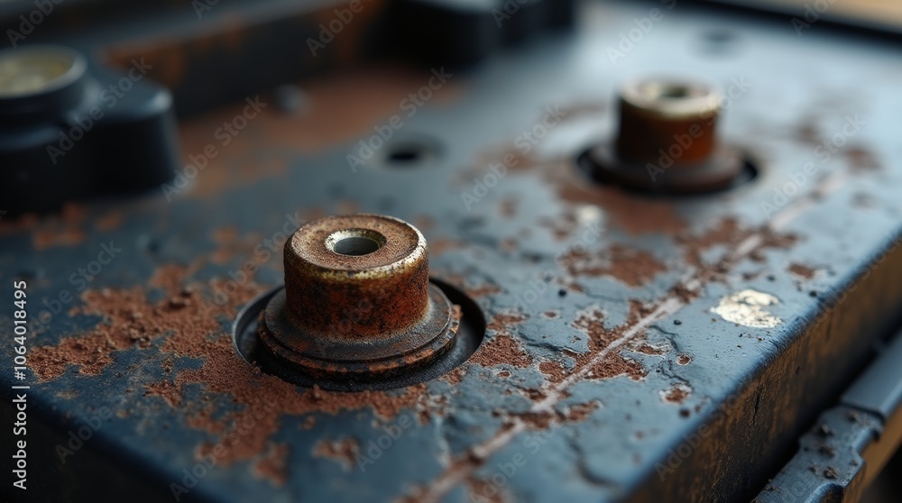 Close-up of battery terminals on a car battery, detailed corrosion and metal texture, natural lighting, focused on the positive and negative terminals, isolated with no other distractions Close-up of battery terminals on a car battery, detailed corrosion and metal texture, natural lighting, focused on the positive and negative terminals, isolated with no other distractions