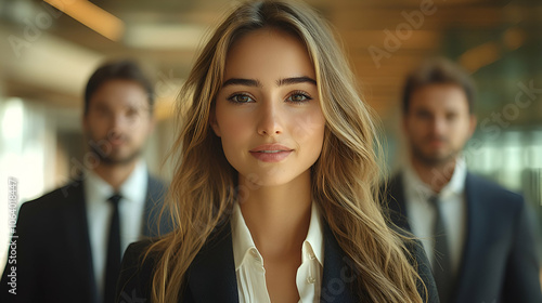 A confident woman stands in front of two men in formal attire, exuding a professional vibe in a modern workspace.