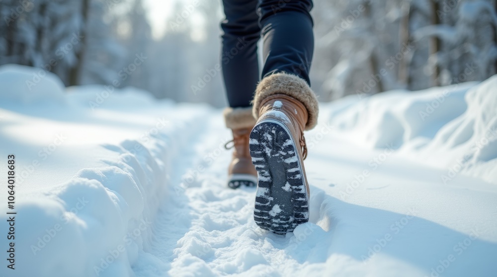 custom made wallpaper toronto digitalPerson walking in deep snow wearing snow boots, fur-lined edges, thick soles making footprints in the snow, snow-covered landscape in the background, dynamic outdoor scene