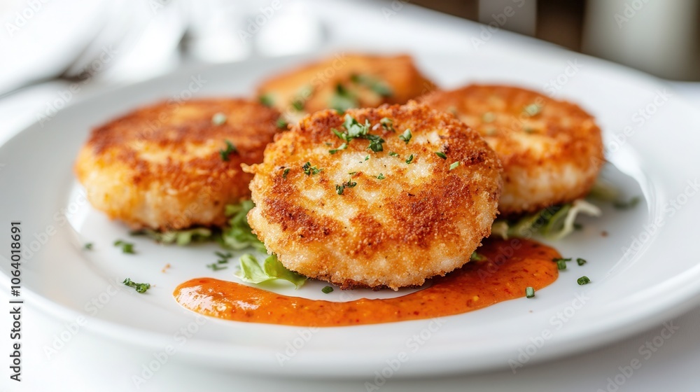 Delicious pan-fried crispy breaded spicy vegetable burger patties served with salad and red pepper sauce on a white plate Delicious pan-fried crispy breaded spicy vegetable burger patties served with salad and red pepper sauce on a white plate