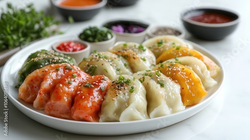 Delicious colourful Korean vegan dumplings with red chilli oil sauce on a clean marble kitchen surface