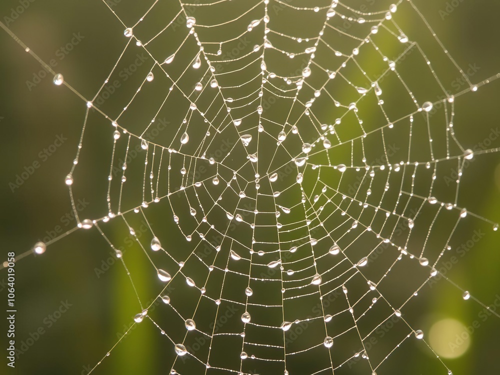 Naklejka premium Dew drops on a delicate spider web glisten in morning light, foggy landscape, wet web, spider web patterns