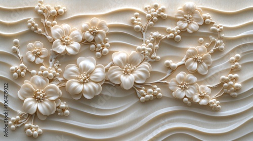 White 3D floral design on a wavy background.