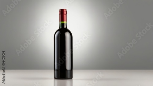 Elegant wine bottle standing on reflective surface with grey background