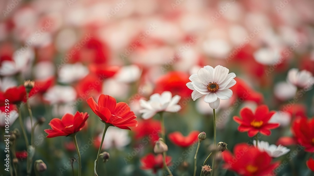 Dreamy abstract red and white flower field with soft focus, ethereal, flowers Dreamy abstract red and white flower field with soft focus, ethereal, flowers
