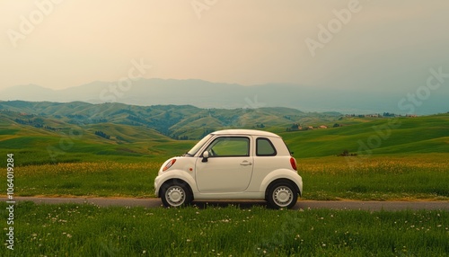 White electric car on a scenic road with rolling hills in the background.