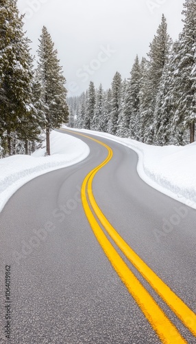 Winding paved road through a snowy forest with two yellow lines down the center.