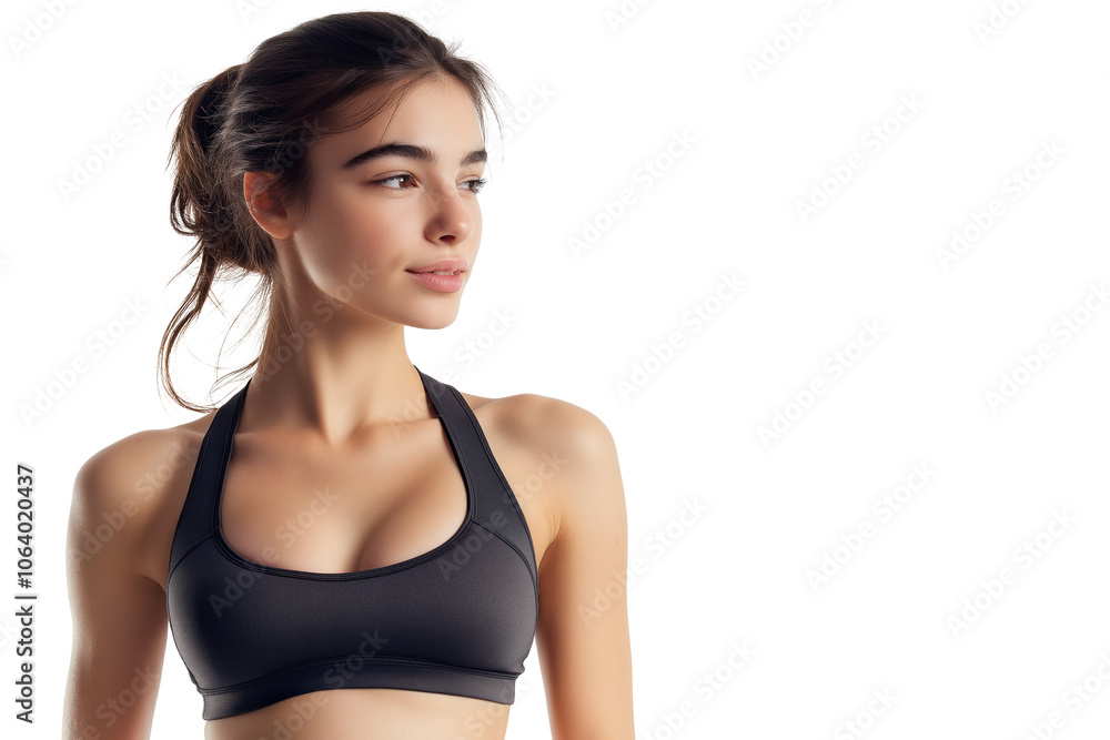 Young woman with dark hair wears black sports bra and tank top. Focused on something outside frame. Isolated on isolated transparent background, contrasting with dark clothing. Alpha mask. Young woman with dark hair wears black sports bra and tank top. Focused on something outside frame. Isolated on isolated transparent background, contrasting with dark clothing. Alpha mask.