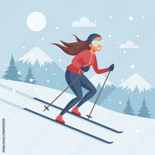 Woman skiing downhill against winter landscape. Winter sport. Flat illustration
