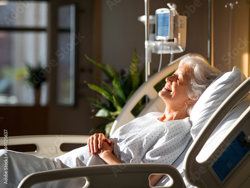 Una paciente anciana esperanzada relajándose en una cama de hospital
 photo