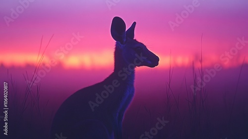 A silhouette of a kangaroo in the twilight. photo