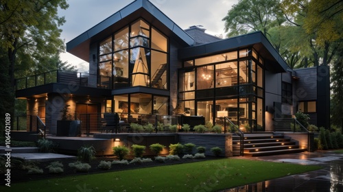 Modern glass house with elegant design and lush surroundings, illuminated at dusk.