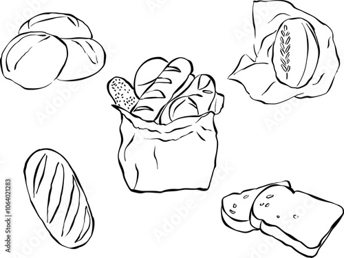 Ilustración de pan dibujada a mano. Iconos de garabatos de desayuno y almuerzo. Vectores de panadería para invitaciones, menús y fiestas. 
