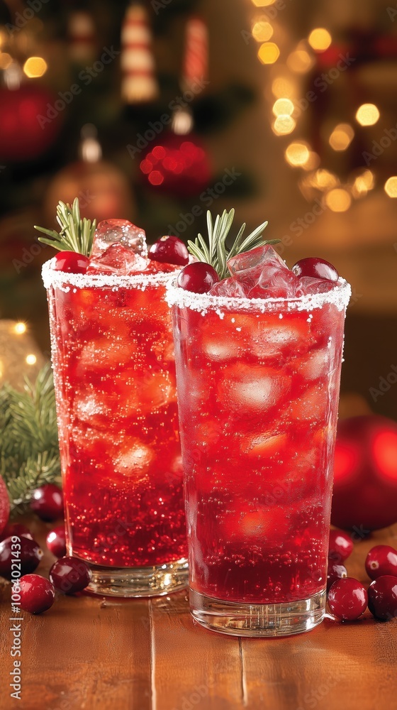 Festive holiday cranberry drinks with ice and bubbly sparkle for seasonal celebration Festive holiday cranberry drinks with ice and bubbly sparkle for seasonal celebration