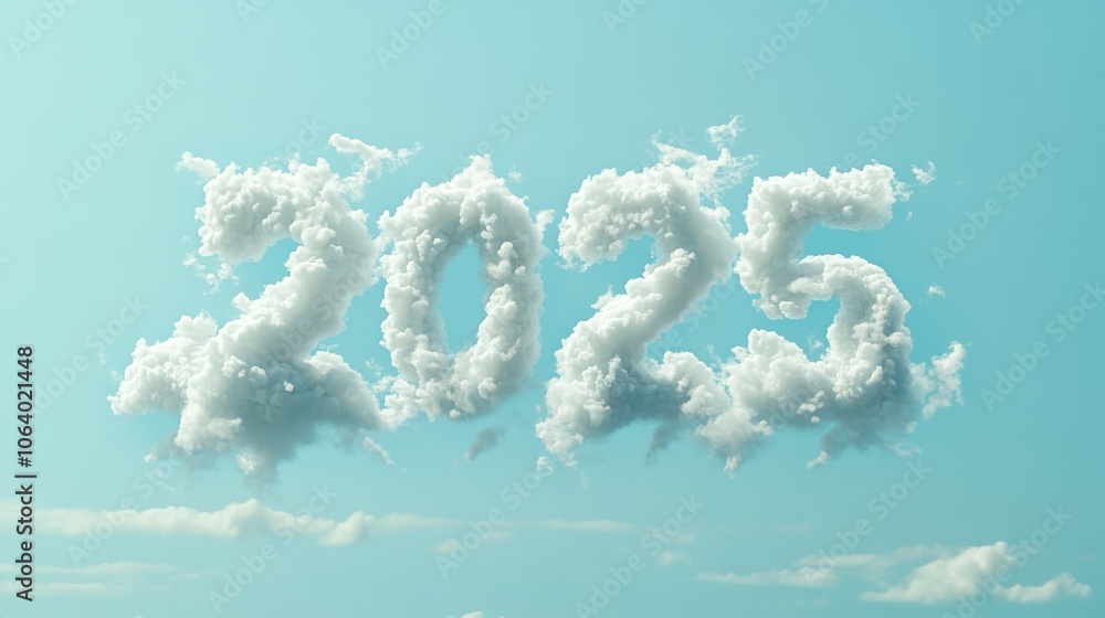 Fototapeta premium The year 2025 formed by white clouds against a light blue sky.