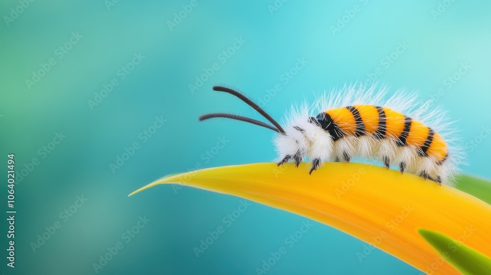 A colorful caterpillar with black and yellow stripes resting on a green leaf, surrounded by a soft blur of a blue-green background. A colorful caterpillar with black and yellow stripes resting on a green leaf, surrounded by a soft blur of a blue-green background.