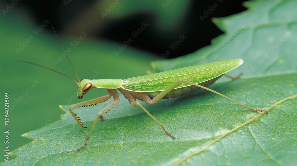 A green mantis rests on a leaf, showcasing its vibrant color and intricate texture, blending seamlessly with the natural environment. A green mantis rests on a leaf, showcasing its vibrant color and intricate texture, blending seamlessly with the natural environment.