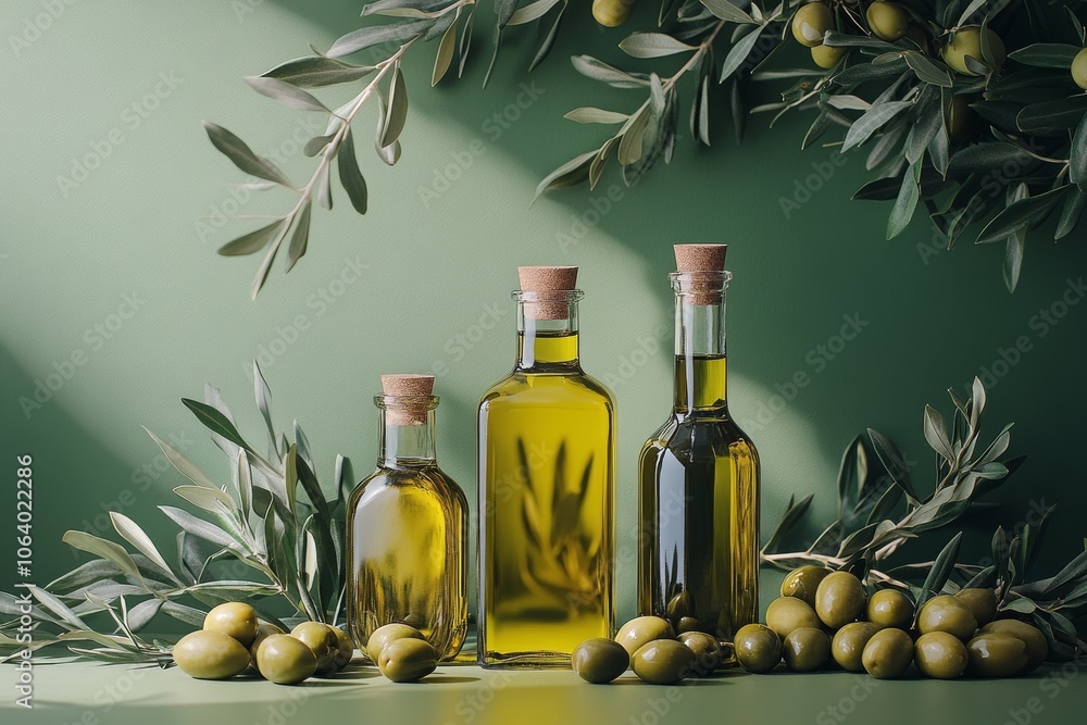Elegant arrangement of olive oil bottles with olives and leaves against a green background Elegant arrangement of olive oil bottles with olives and leaves against a green background
